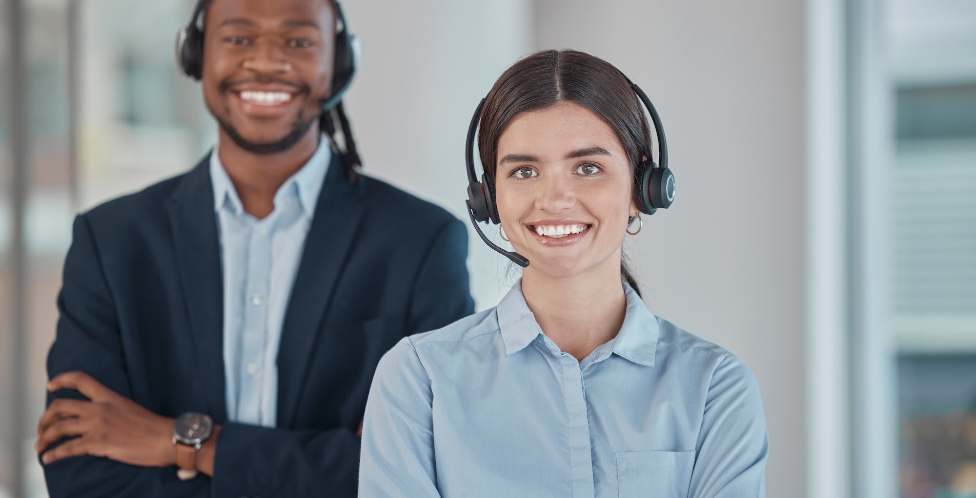 Business people, call center and portrait smile for contact us, telemarketing or customer service a